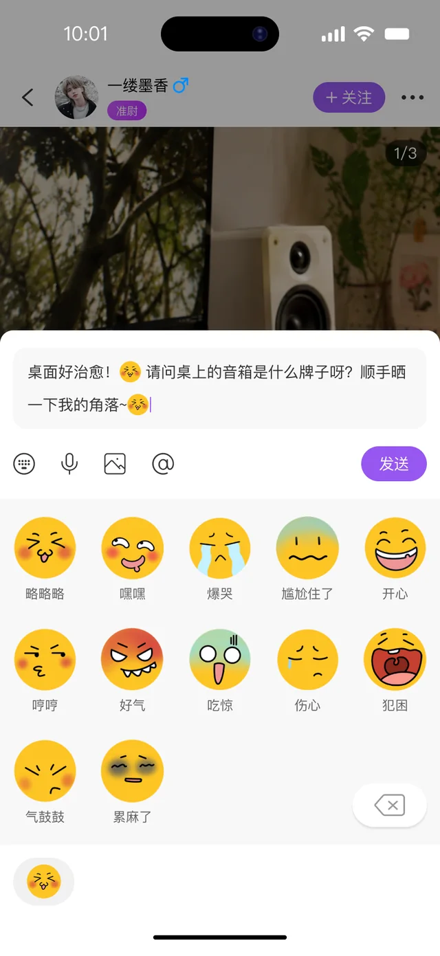 悬溺 APP 评论输入弹窗:表情面板、图片、语音与 @ 提及
